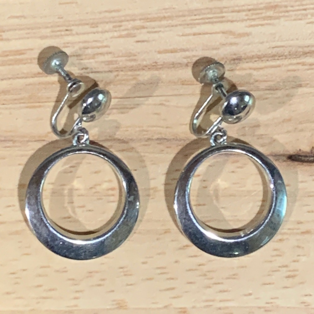 Signed Alice Earrings Silver Tone Vintage Screw Back Circle Hoop Minimalist